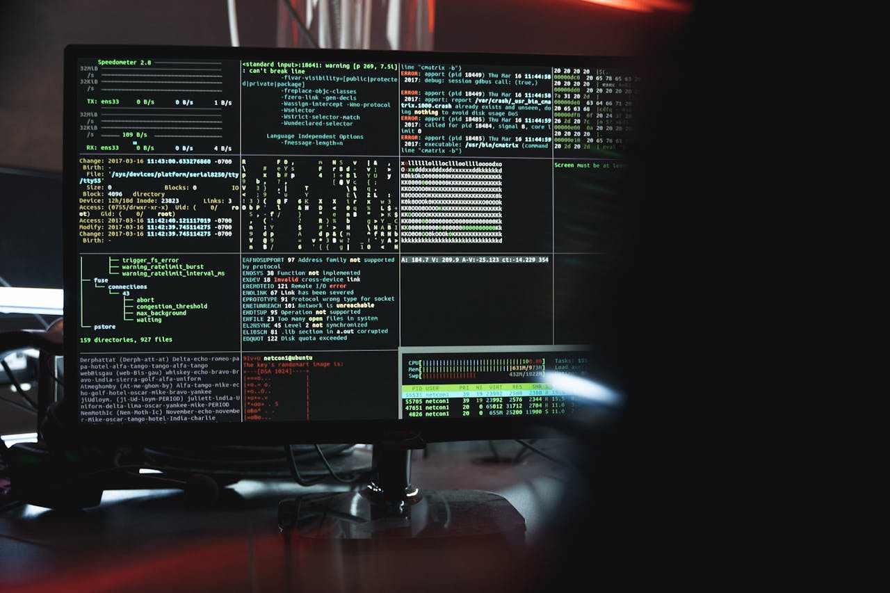 heros-img Close-up of a computer monitor displaying cyber security data and code, indicative of system hacking or programming.